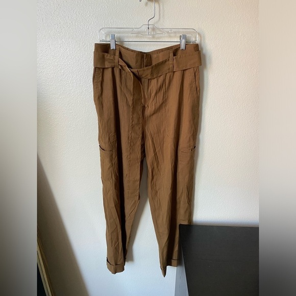 Vince Women’s Belted Linen Pants in Pecan Size L Relaxed Fit Casual Lightweight - Picture 2 of 10